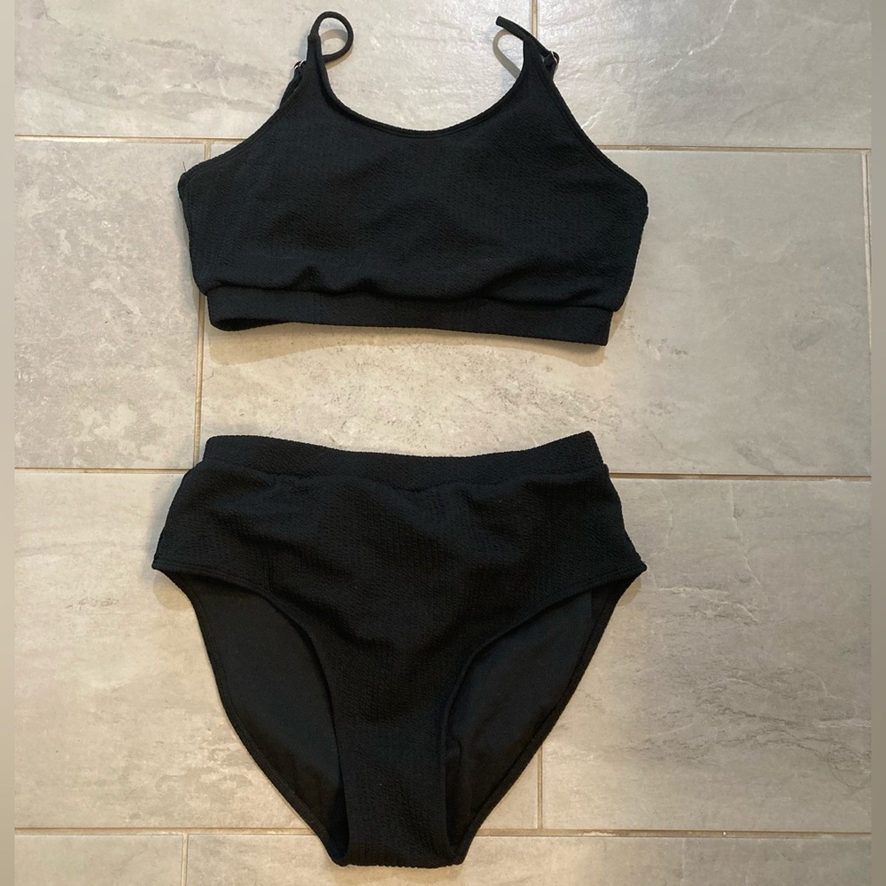 SHEIN 2 Piece Bikin‎i Set Swimsuit Size 1X Black Ribbed High Cut Bottoms
